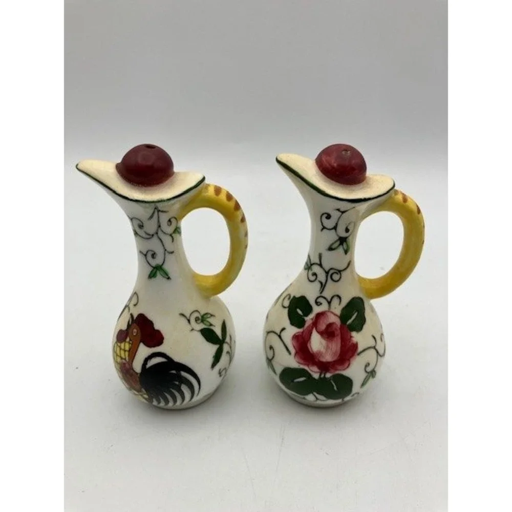 VTG 1950's Rooster & Rose Ceramic Pitcher Salt Pepper‎ Shakers - Country Kitchen